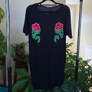Black T-shirt Dress with Rose Detail